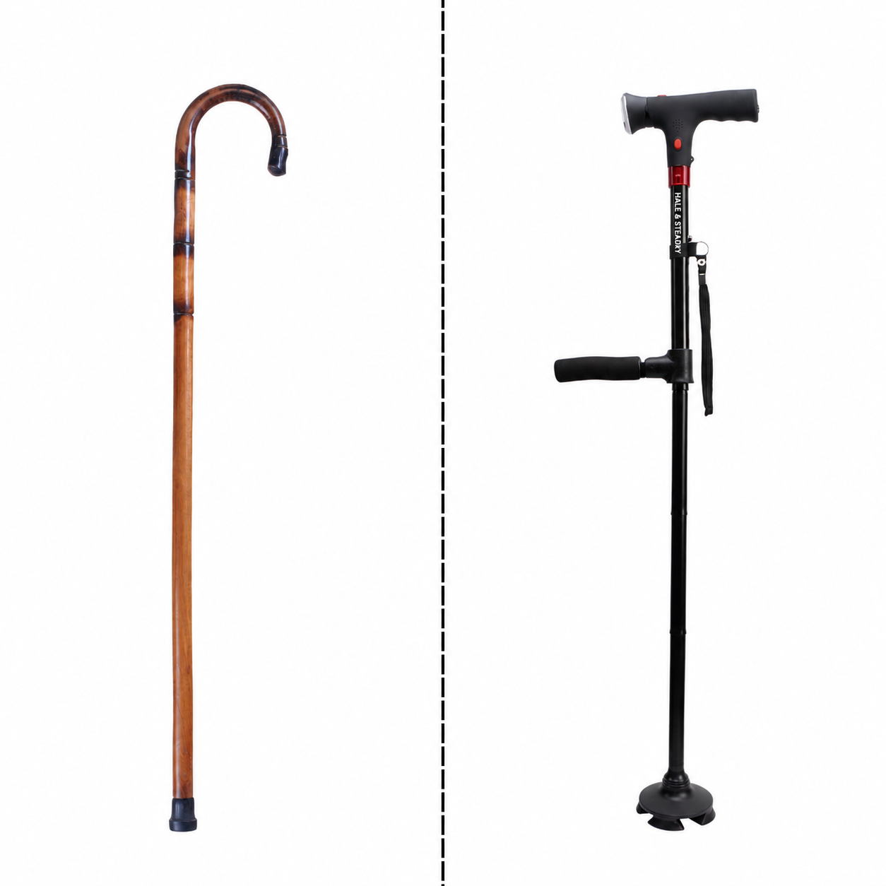 Diagram: a regular cane's single high handle leaves nothing to push down on, while StandSecure's lower second handle lets you push up to standing