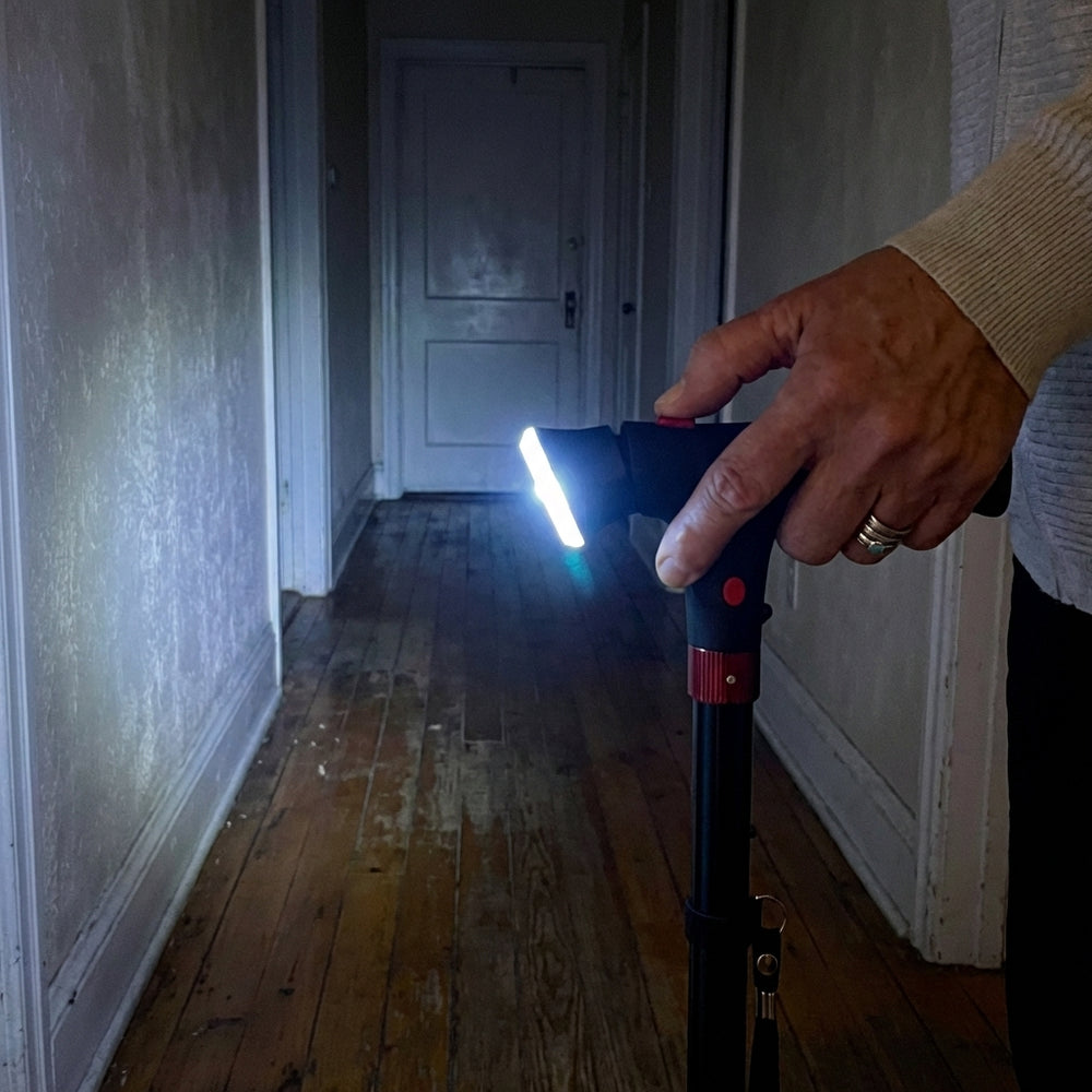 StandSecure's built-in LED lighting a dark hallway at night