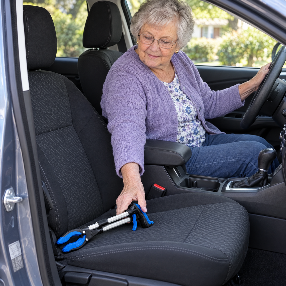 Older woman placing the folded EasyReach on the passenger seat of her car