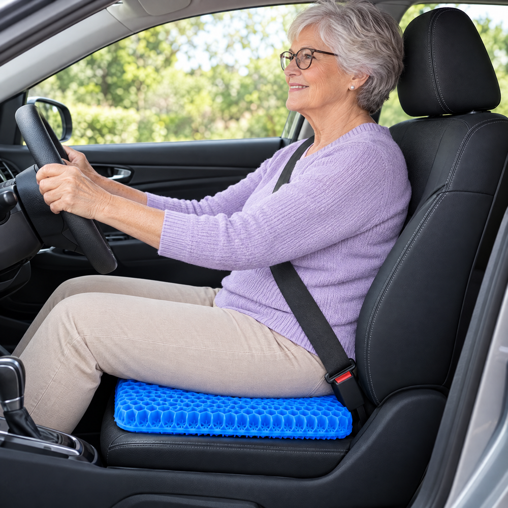 Older woman sitting in the driver's seat of her car on a RejuvaSeat gel cushion