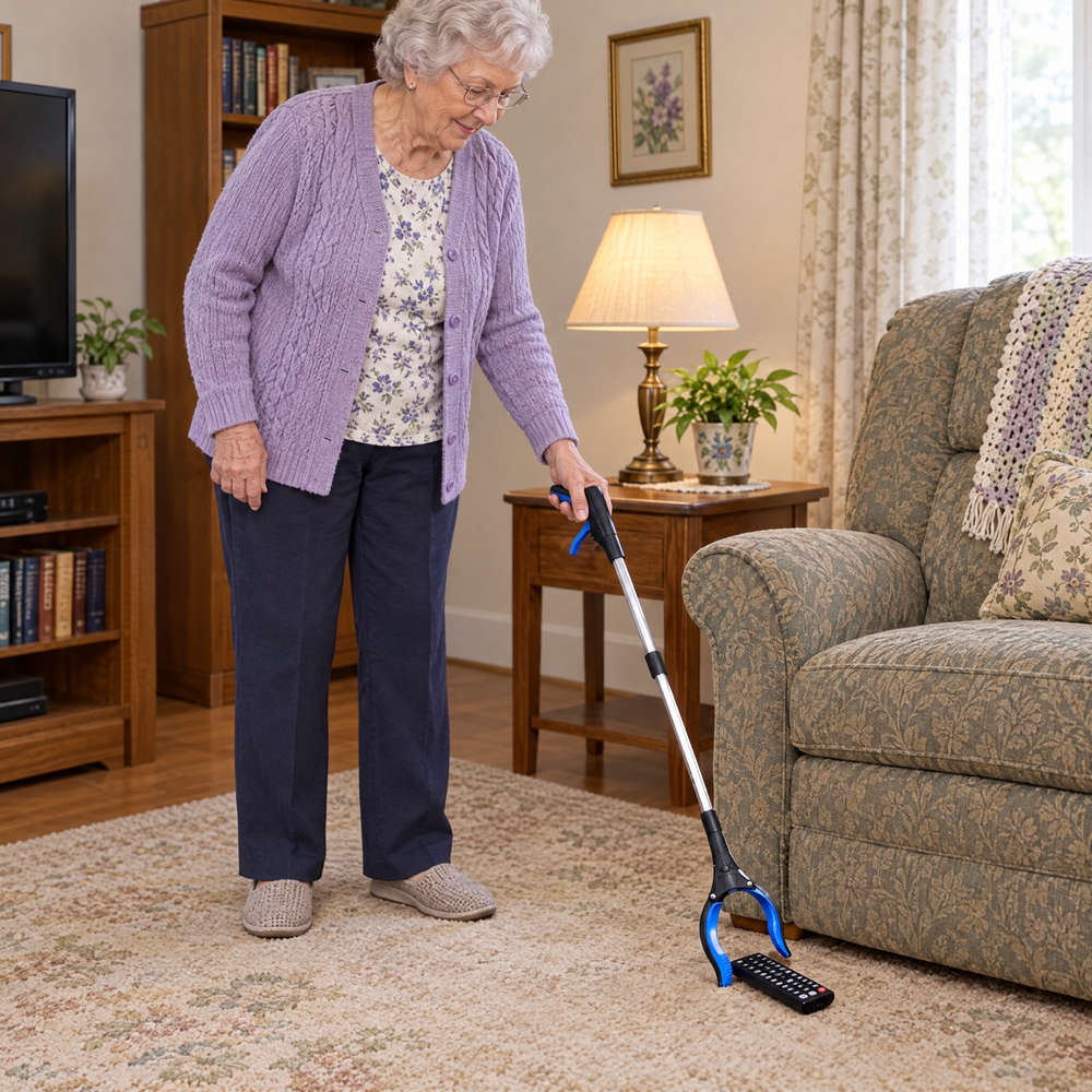 Older woman standing in her living room, using the EasyReach to pick up a TV remote from the floor