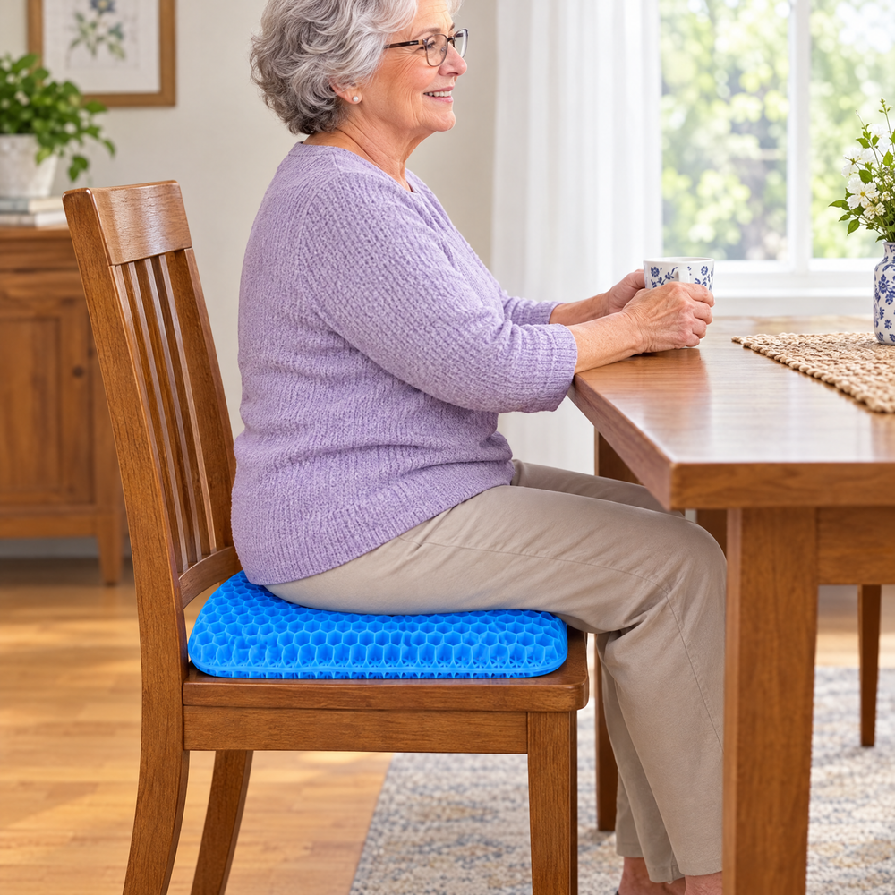 Older woman sitting at her dining table on a RejuvaSeat gel cushion
